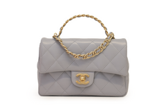 Grey Shiny Lambskin Mini CC Top Handle Flap