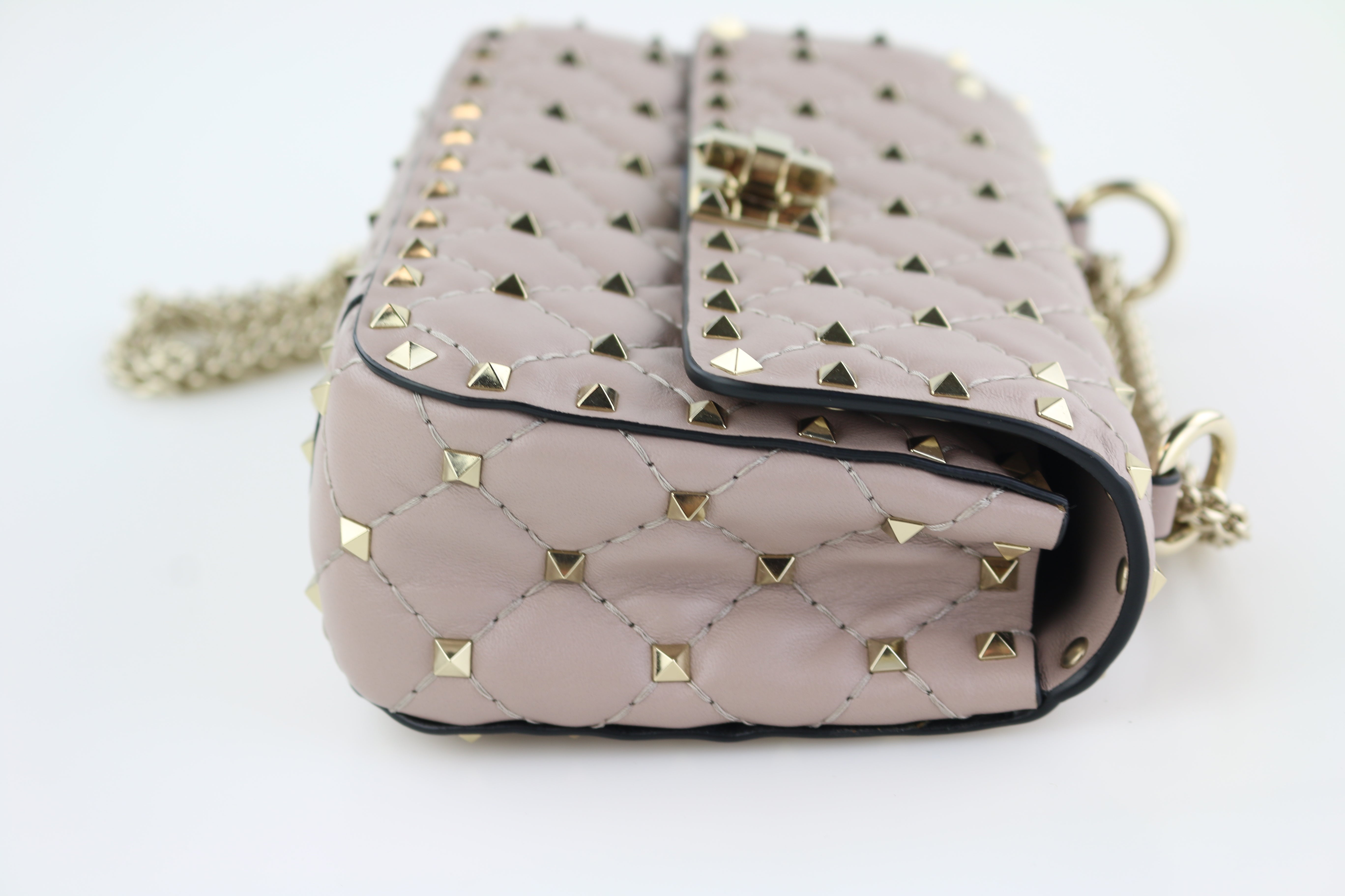 VALENTINO NAPPA ROCKSTUD SPIKE BAG SMALL POUDRE CHAIN GOLD HARDWARE TOP  HANDLE