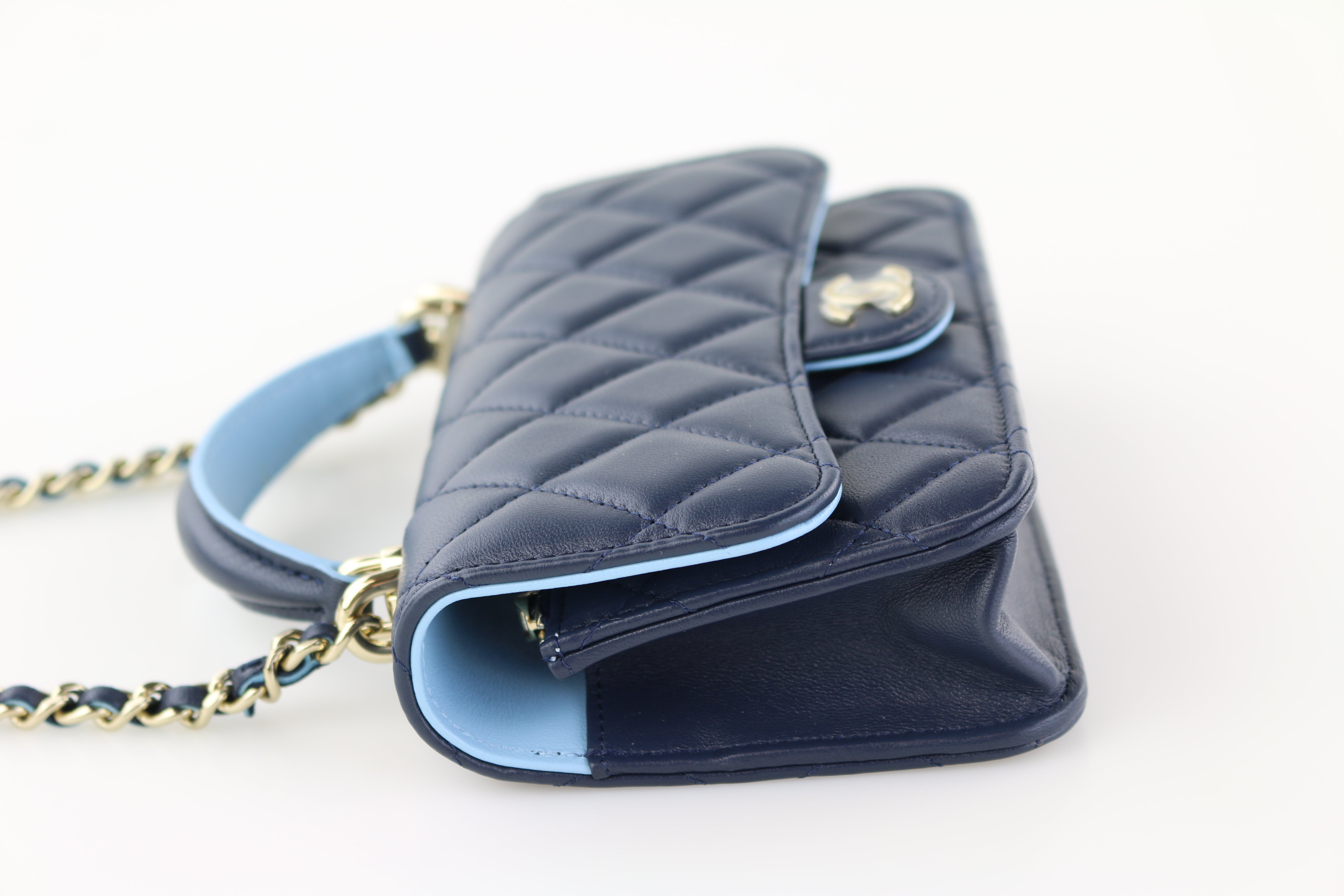 Navy Lambskin Top Handle Phone Holder with Chain – Opulent Habits