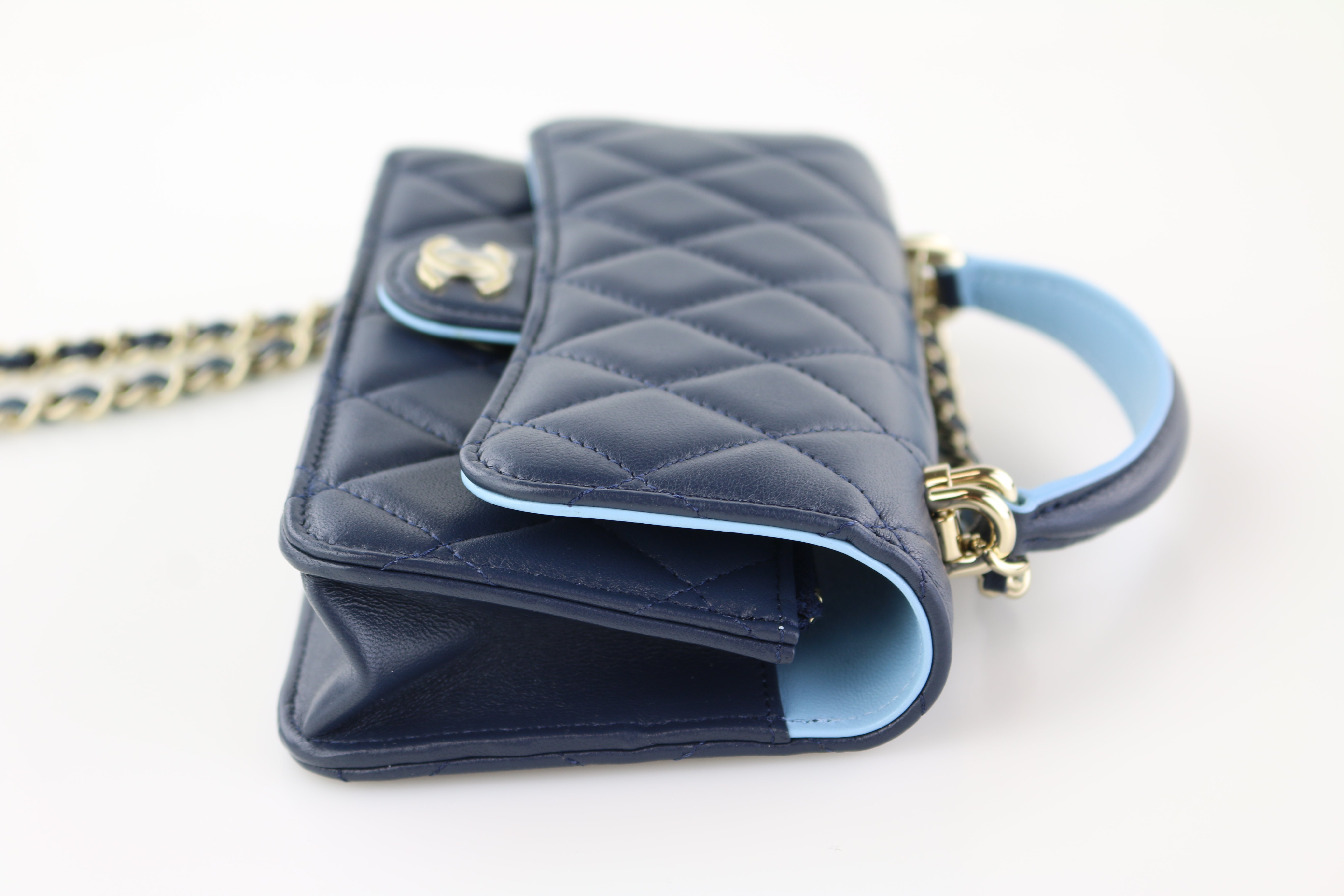 CHANEL Lambskin Enamel Quilted Top Handle Flap Phone Holder With