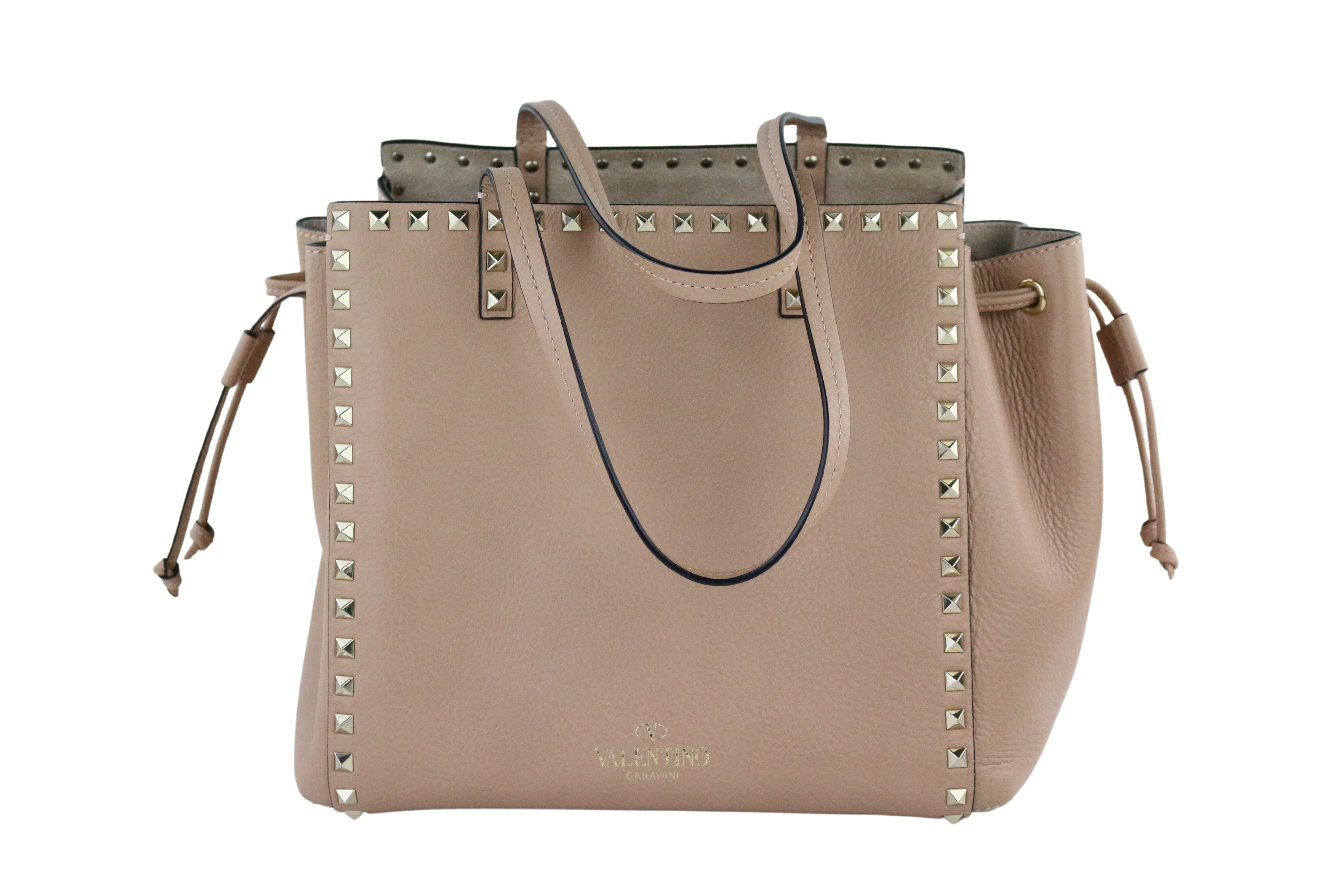 Beige Pebbled Leather Rockstud Drawstring Tote Bag Opulent Habits