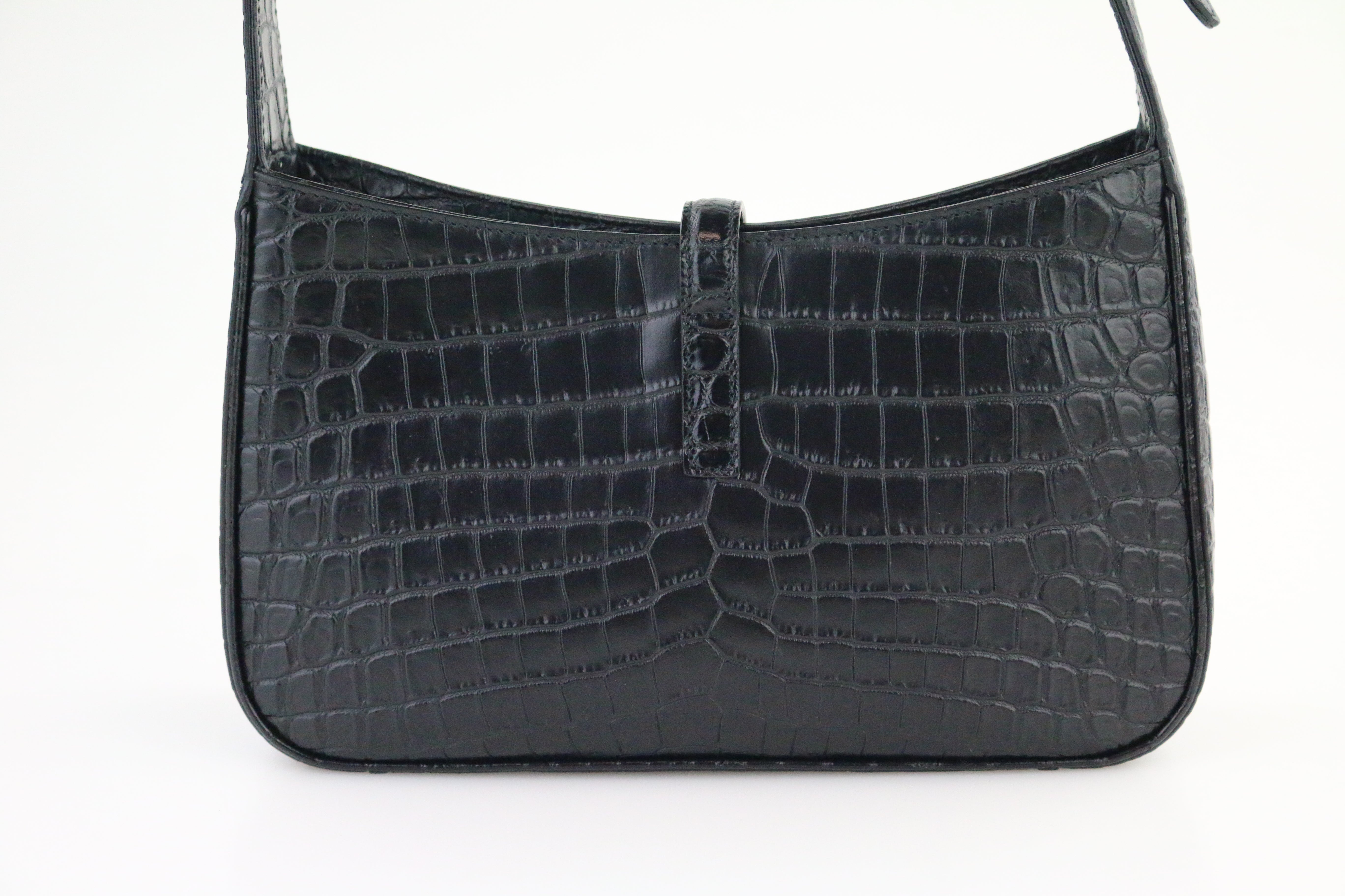 LONGCHAMP Roseau Crocodile Embossed Black Leather Shoulder Bag