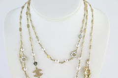 Pearl, Crystal & Beaded Flower Leaf Tiered Gold Long Necklace
