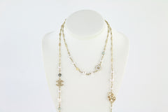 Pearl, Crystal & Beaded Flower Leaf Tiered Gold Long Necklace