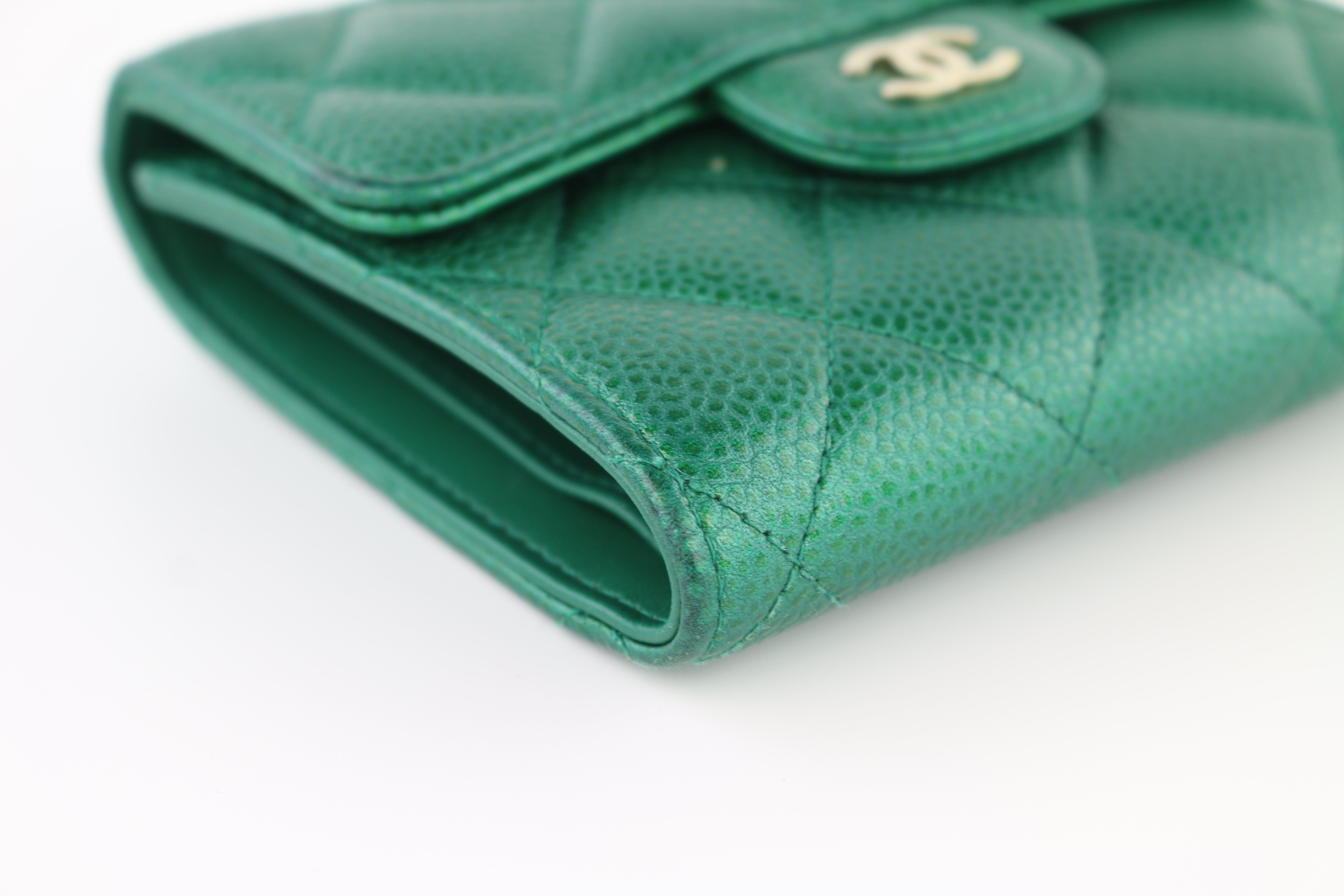 Green Iridescent Caviar Trifold Wallet