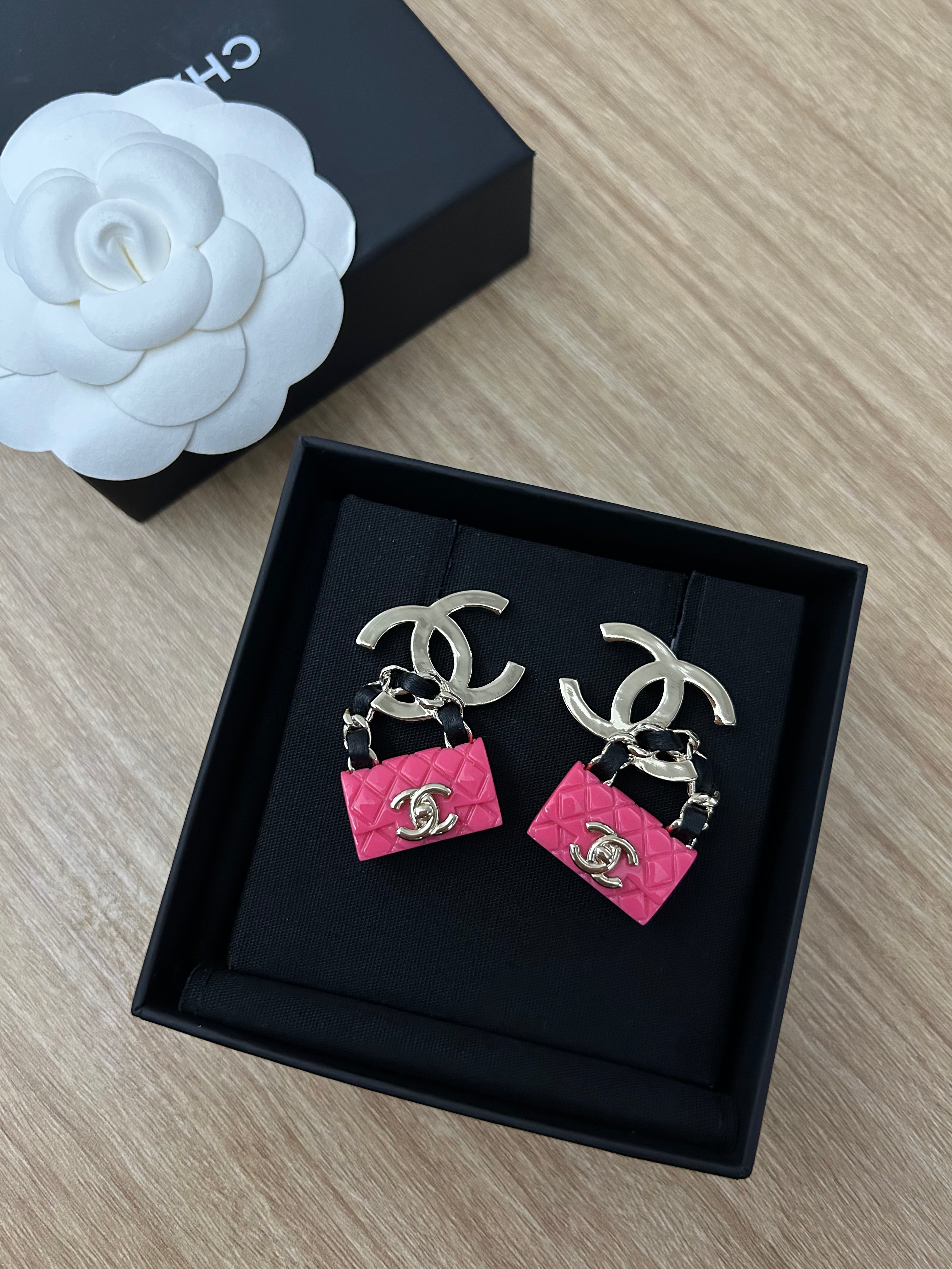 Gold/Enamel Pink Purse CC Drop Earrings