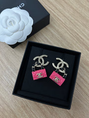 Gold/Enamel Pink Purse CC Drop Earrings