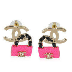 Gold/Enamel Pink Purse CC Drop Earrings