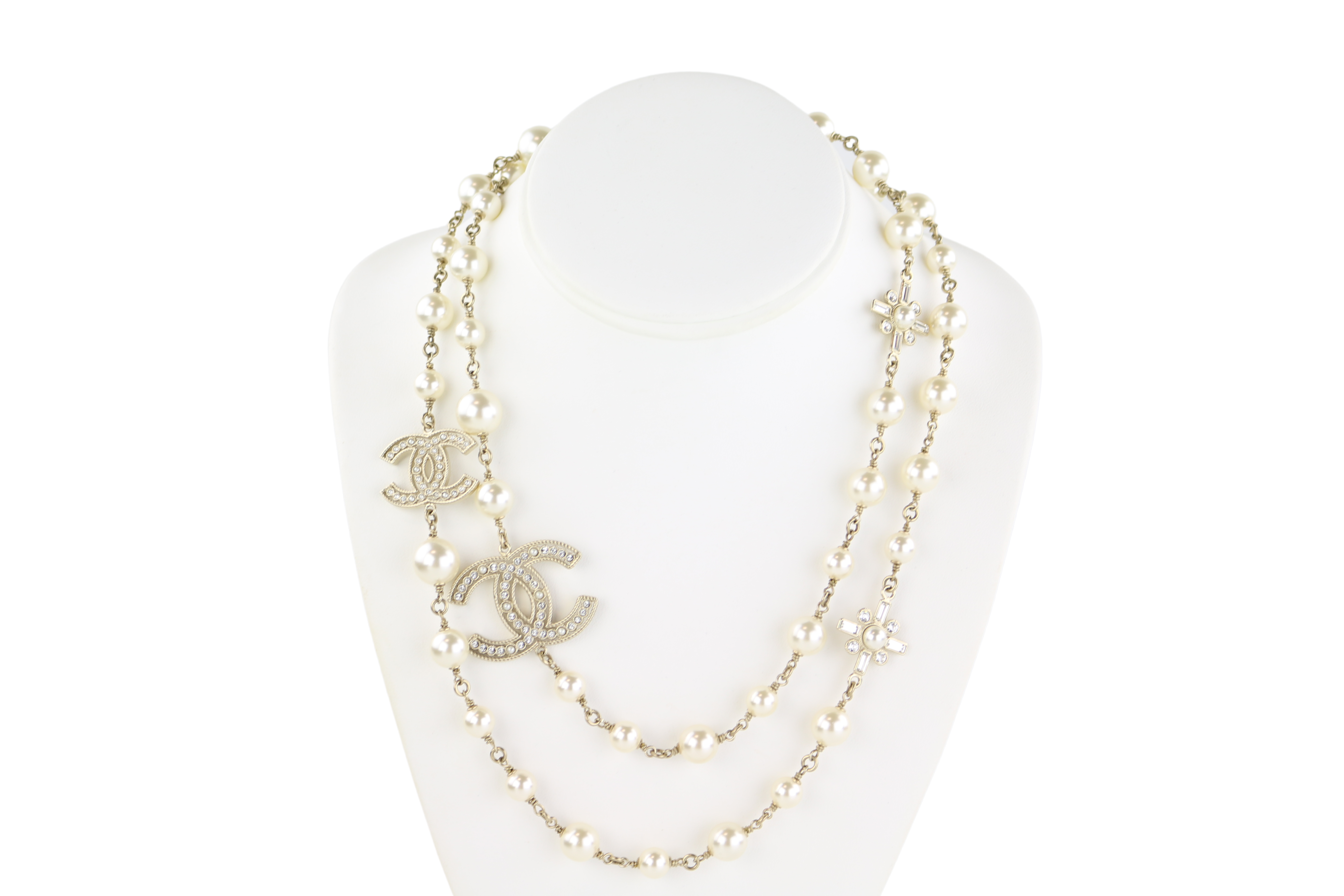 Gold/Crystal/Pearl Long Strand Necklace
