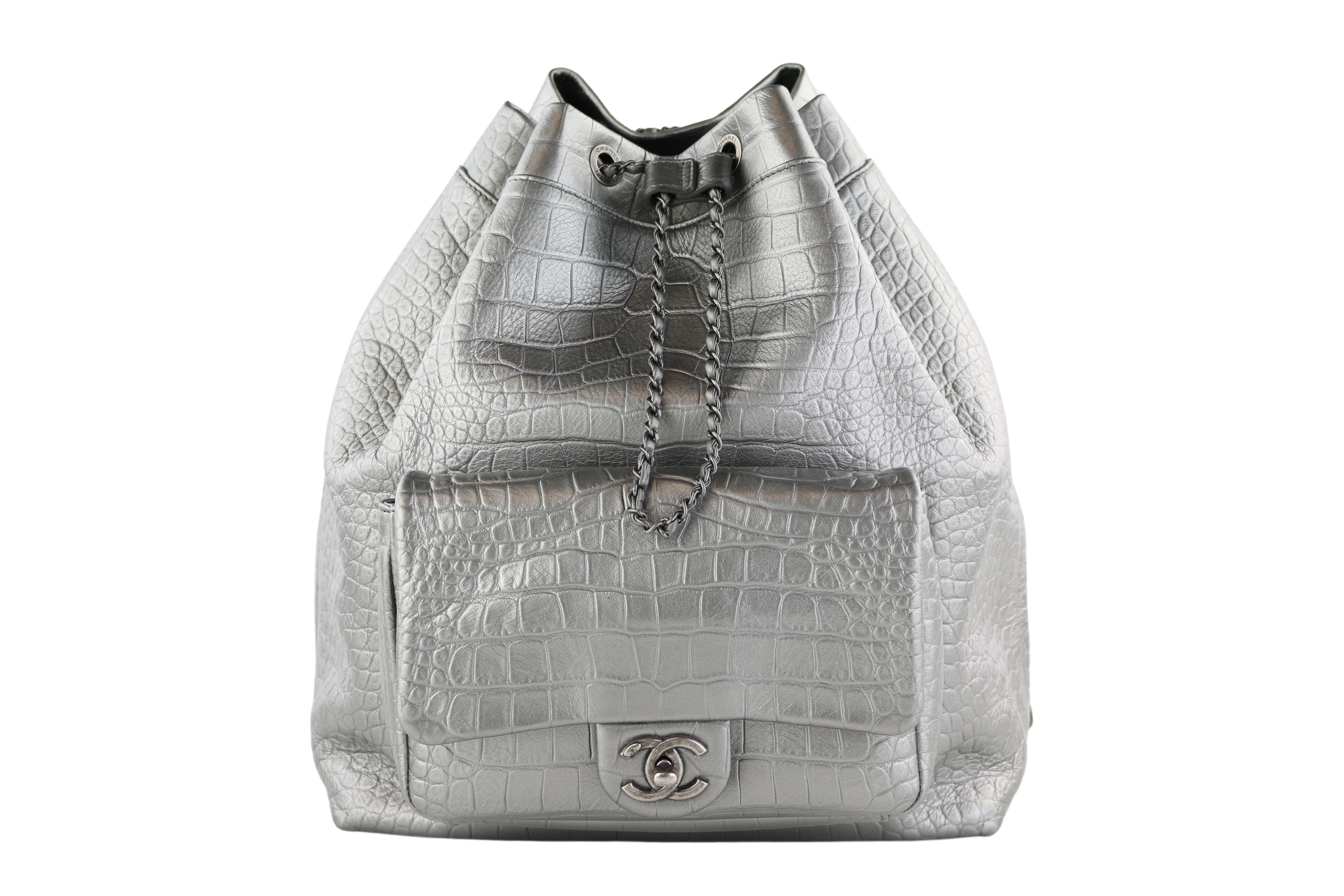 Metallic Silver Large Croc Embossed Backpack