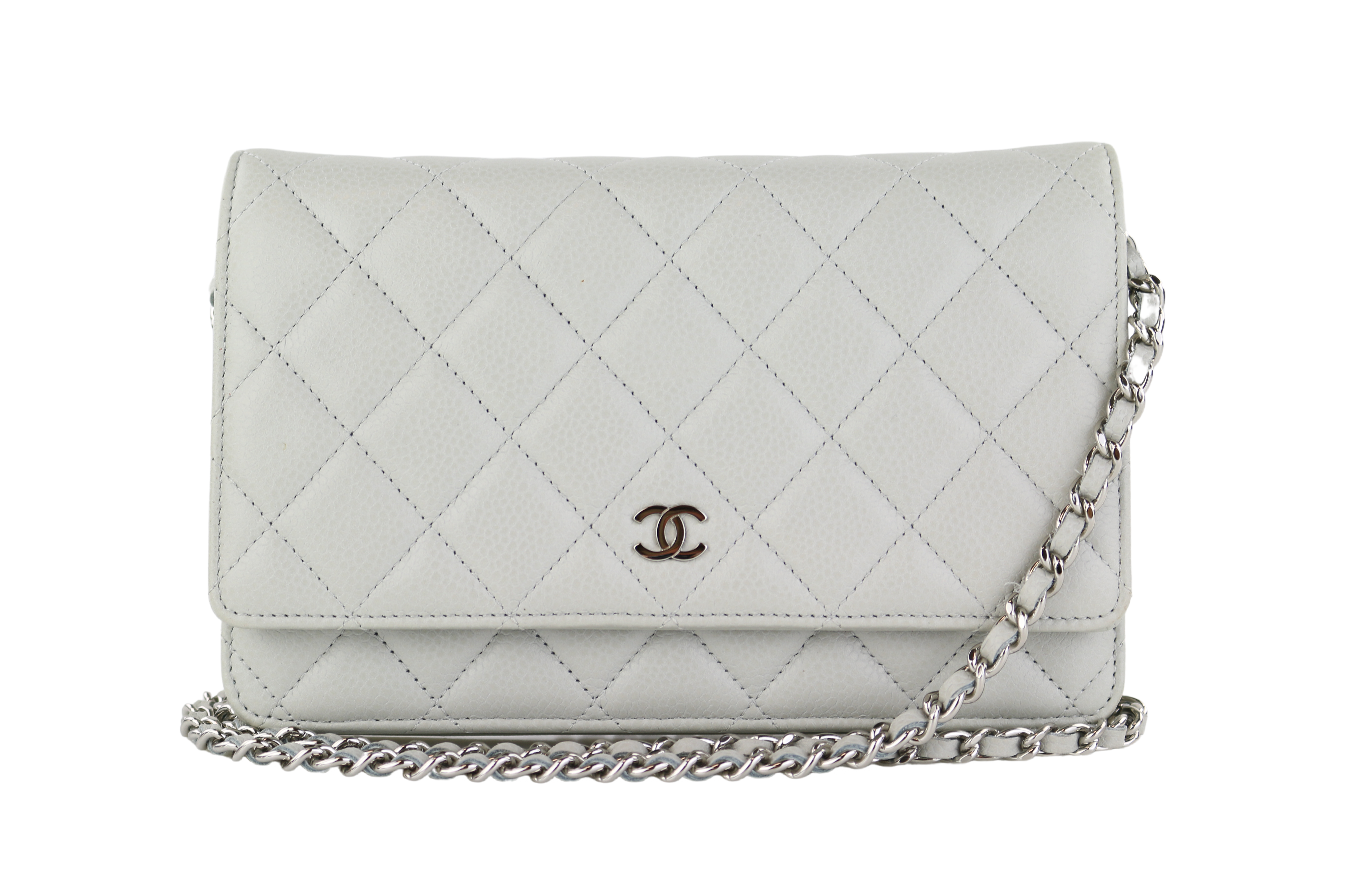 Chanel Lambskin Quilted CC Pearl Crush Wallet on Chain Woc Grey